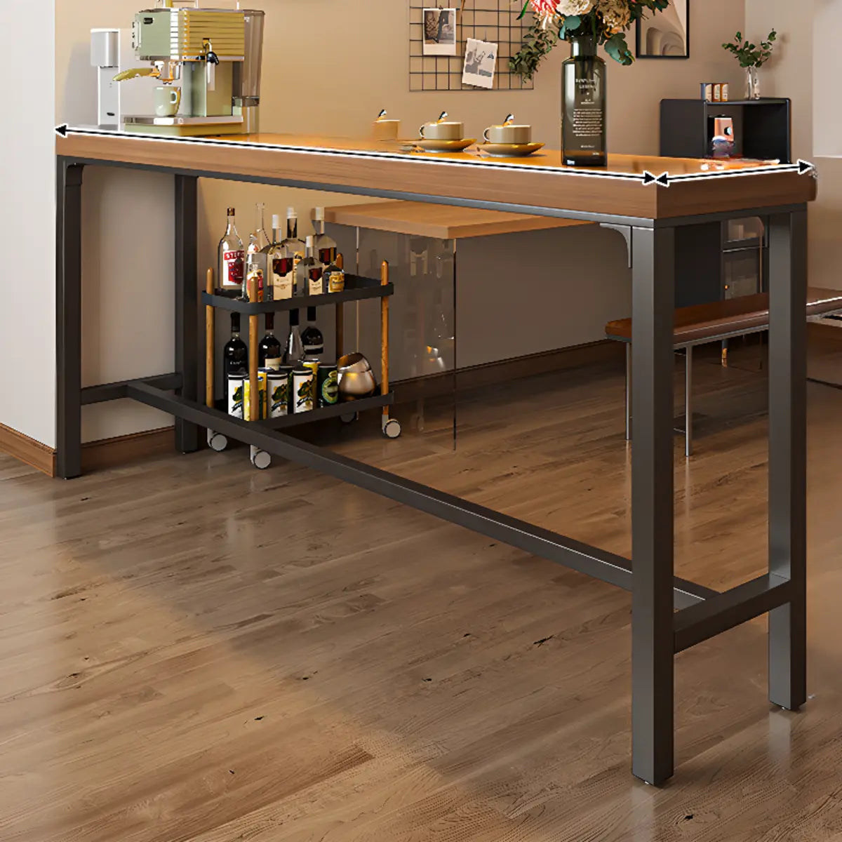 Brown Rectangular Metal Large Bar Table with Footrest Image - 7
