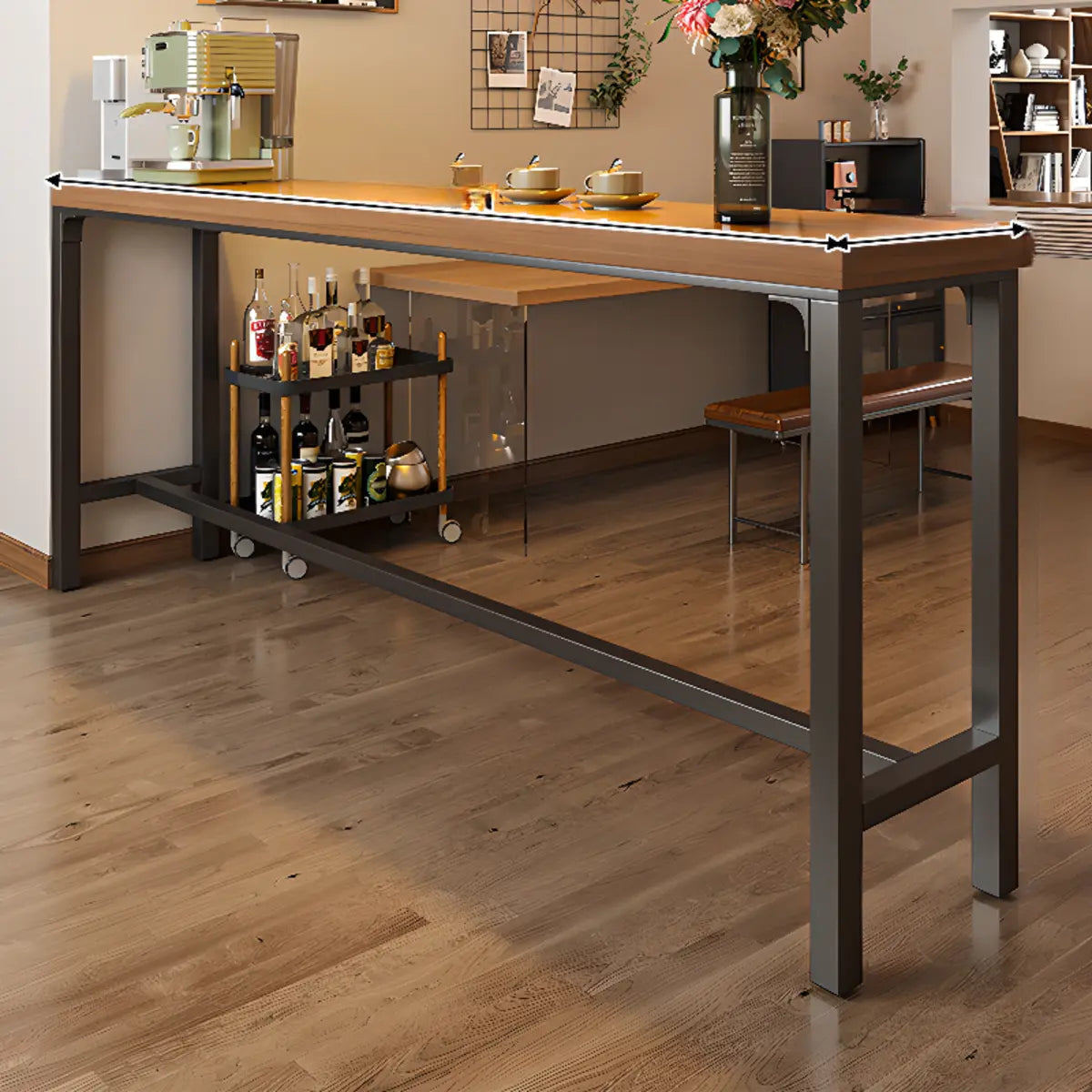 Brown Rectangular Metal Large Bar Table with Footrest Image - 9