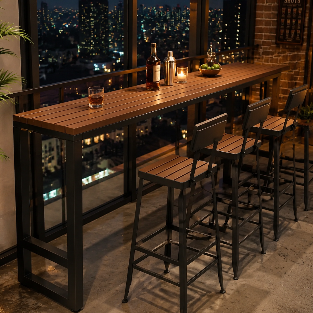 Brown Rectangular Metal Tall Outdoor Bar Table With Footrest