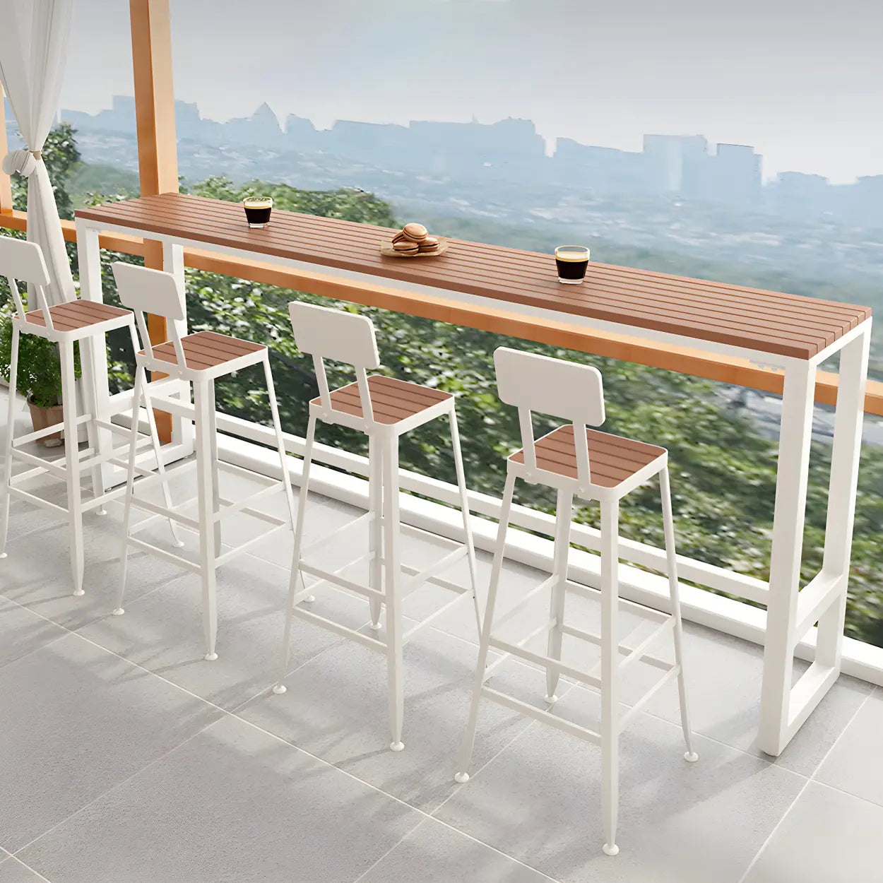 Brown Rectangular Metal Tall Outdoor Bar Table With Footrest