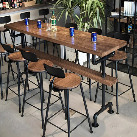 Brown Rectangular Pine Industrial Bar Table With Footrest Image - 10