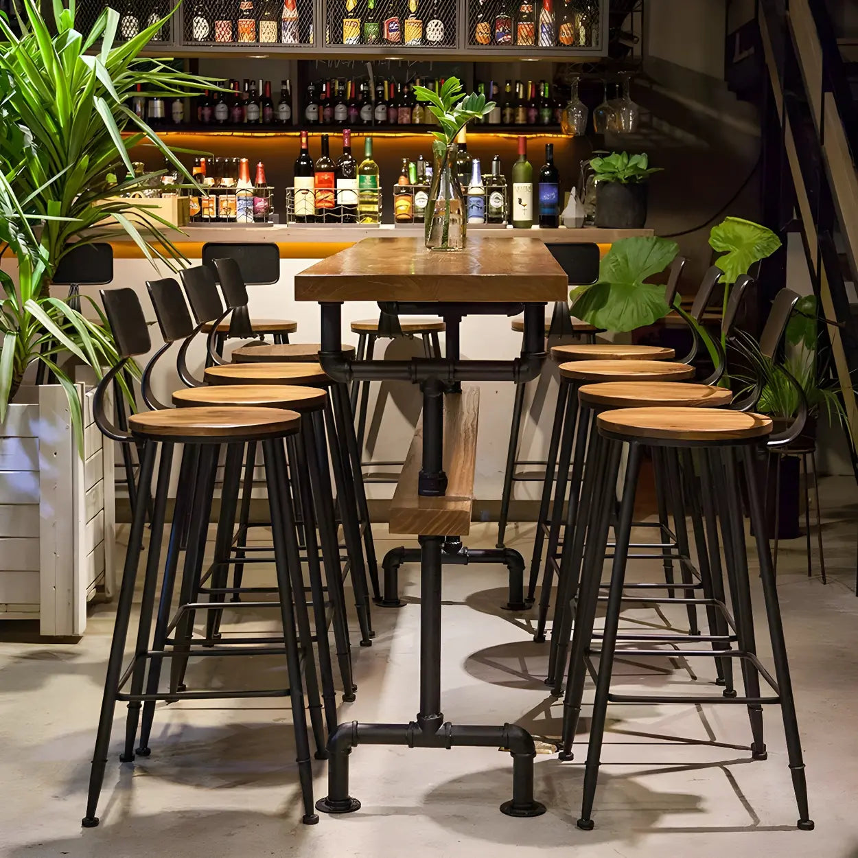 Brown Rectangular Pine Industrial Bar Table With Footrest