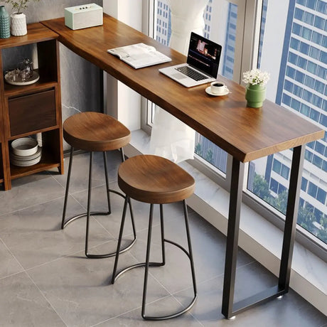 Brown Rectangular Slim Long Wood Tall Dining Bar Table Image - 2