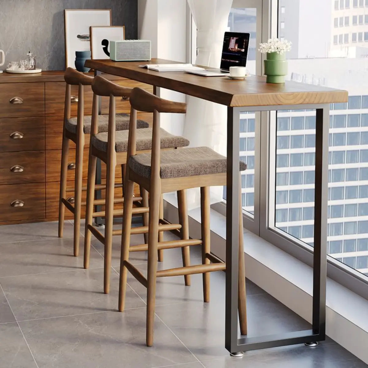 Brown Rectangular Slim Long Wood Tall Dining Bar Table Image - 3