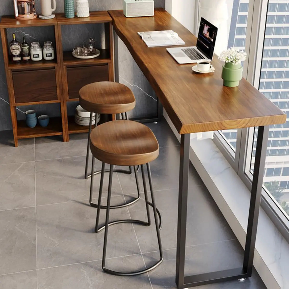 Brown Rectangular Slim Long Wood Tall Dining Bar Table Image - 4