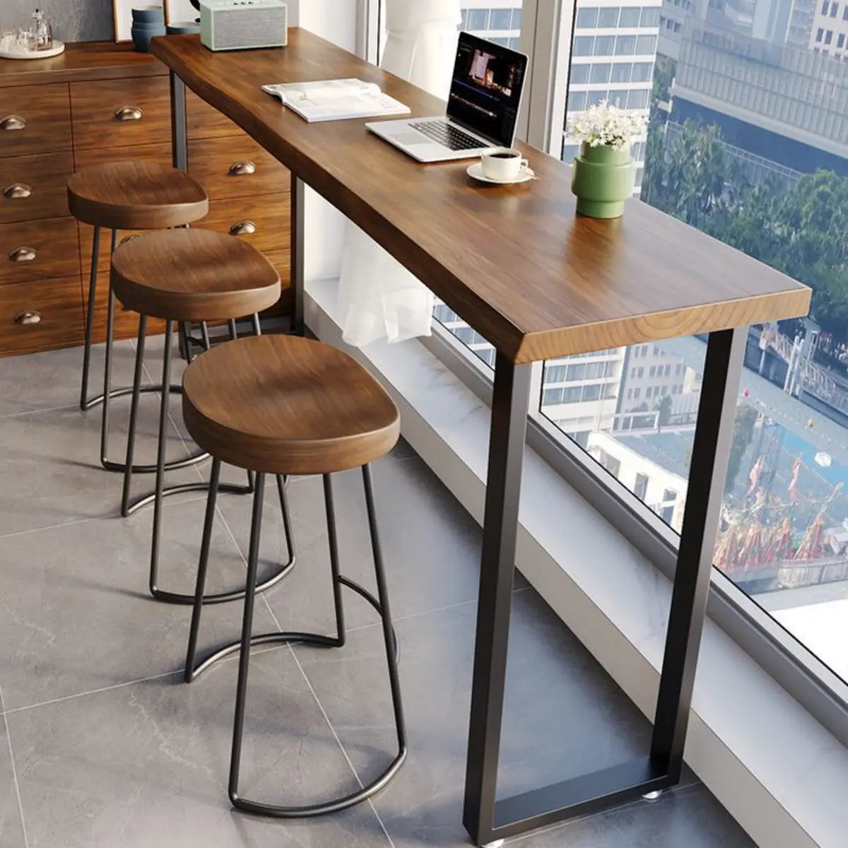 Brown Rectangular Slim Long Wood Tall Dining Bar Table Image - 5