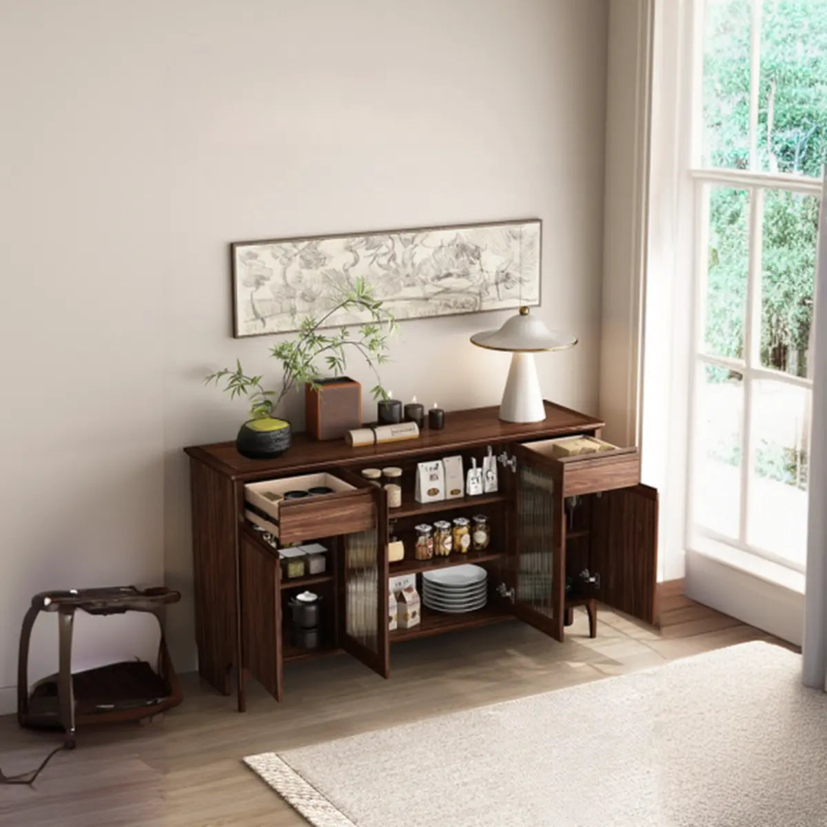 Brown Rectangular Wood Kitchen Storage China Cabinet Image - 17