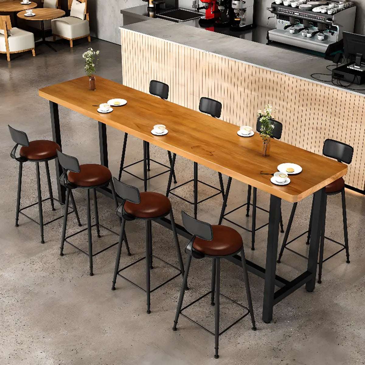 Brown Rectangular Wood Long Bar Table with Footrest Image - 3