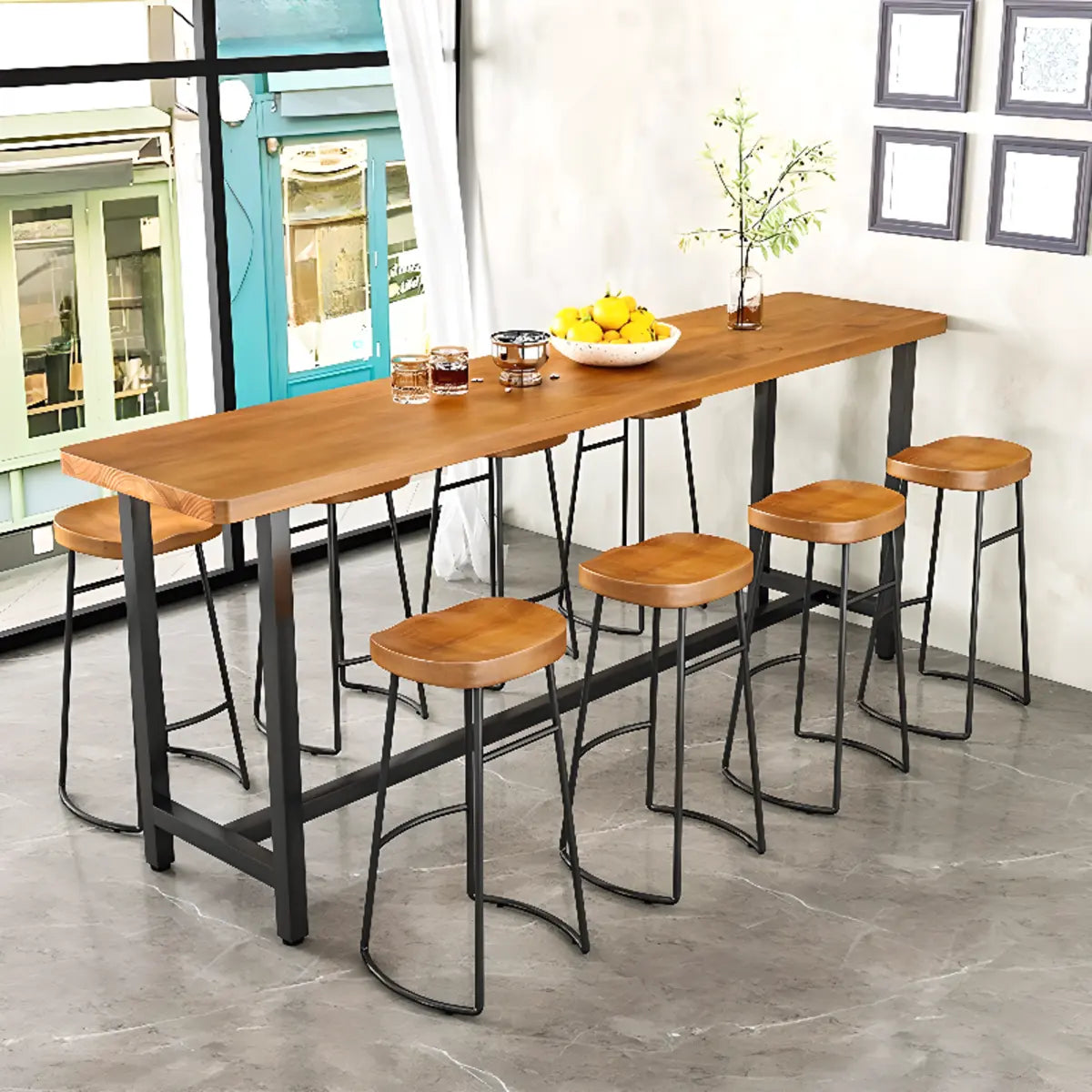 Brown Rectangular Wood Long Bar Table with Footrest Image - 4