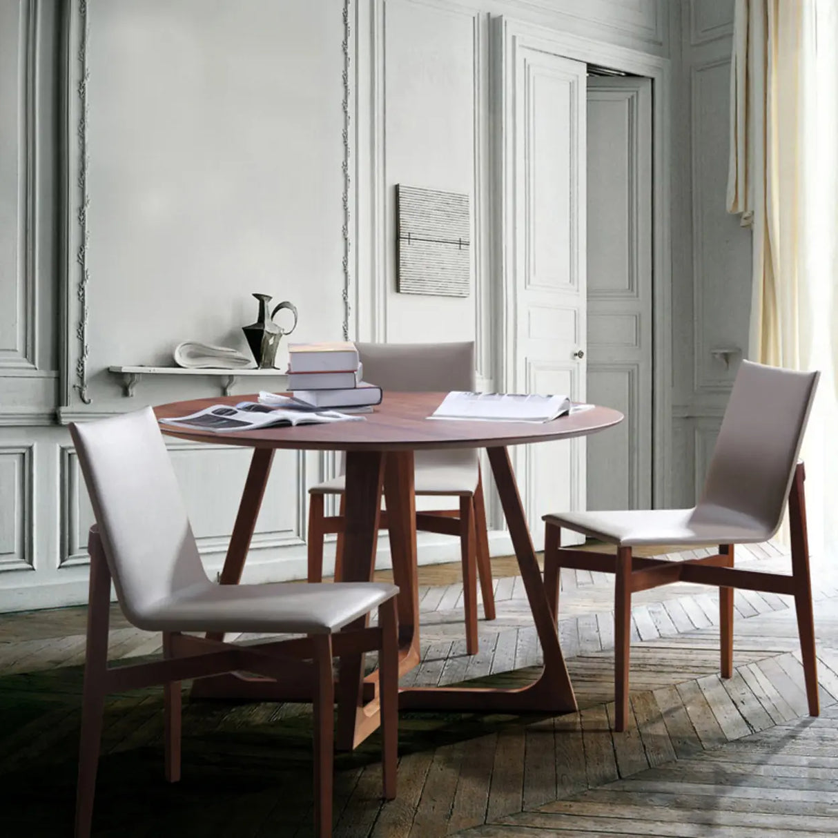 Brown Round Timber Wooden Boardroom Desk Image - 3