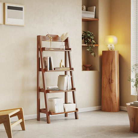 Brown Rustic Vertical Ladder Wood Display Bookshelf Image - 1