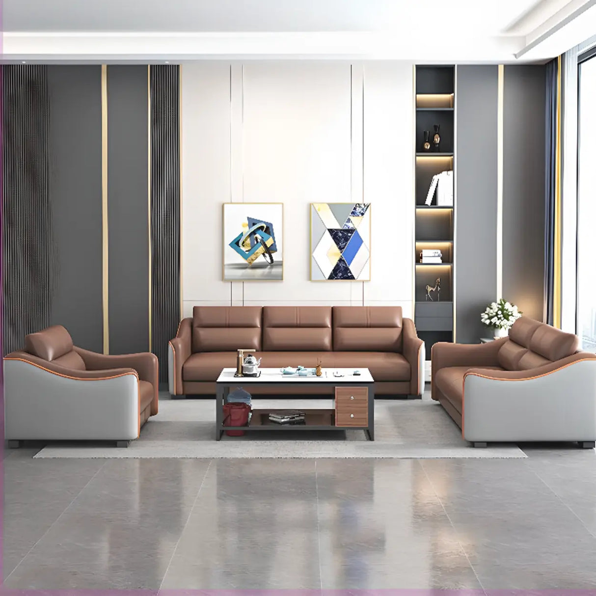 Brown Scratch Resistant Faux Leather Reception Sofa Image - 4