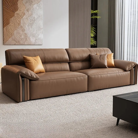 Brown Scratch Resistant Faux Leather Sofa with Pillow Image - 1