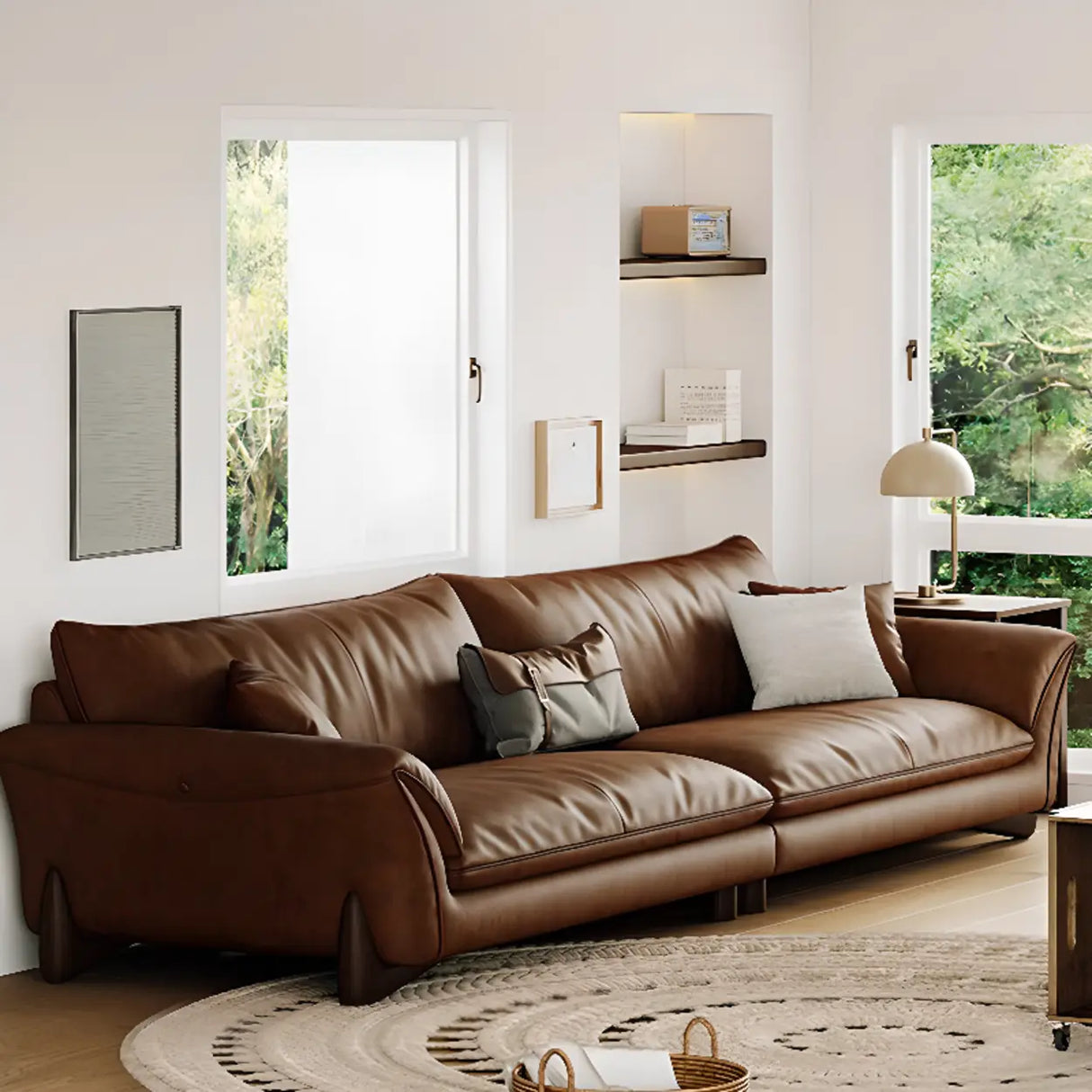 Brown Scratch Resistant Leather Cushion Back Sofa Image - 1
