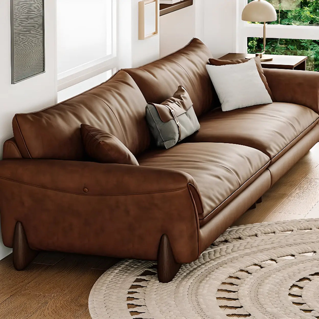 Brown Scratch Resistant Leather Cushion Back Sofa Image - 4