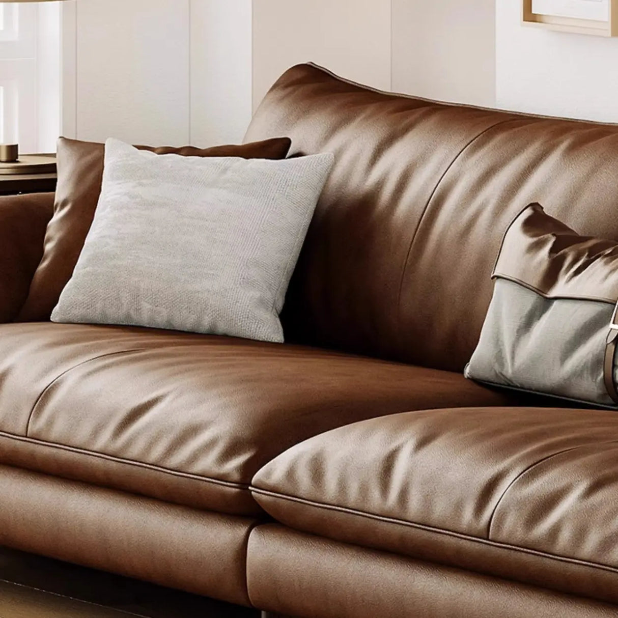 Brown Scratch Resistant Leather Cushion Back Sofa Image - 6