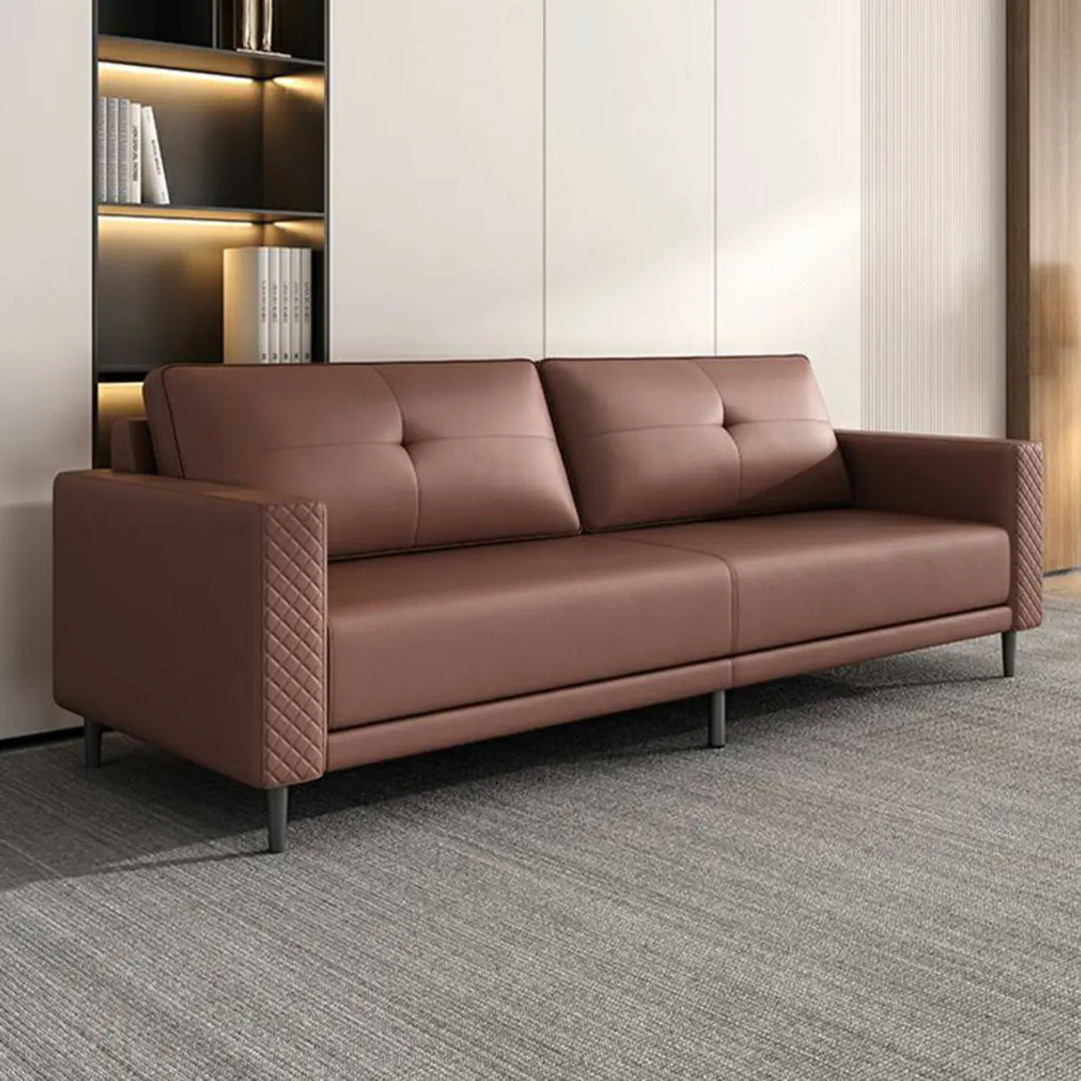 Brown Scratch Resistant Leather Reception Sofa with Arm Image - 21