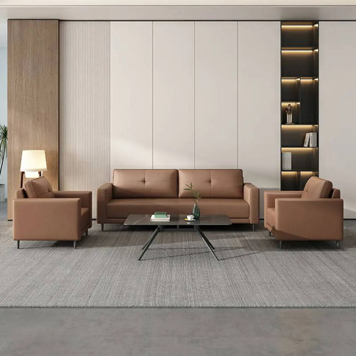 Brown Scratch Resistant Leather Reception Sofa with Arm Image - 3