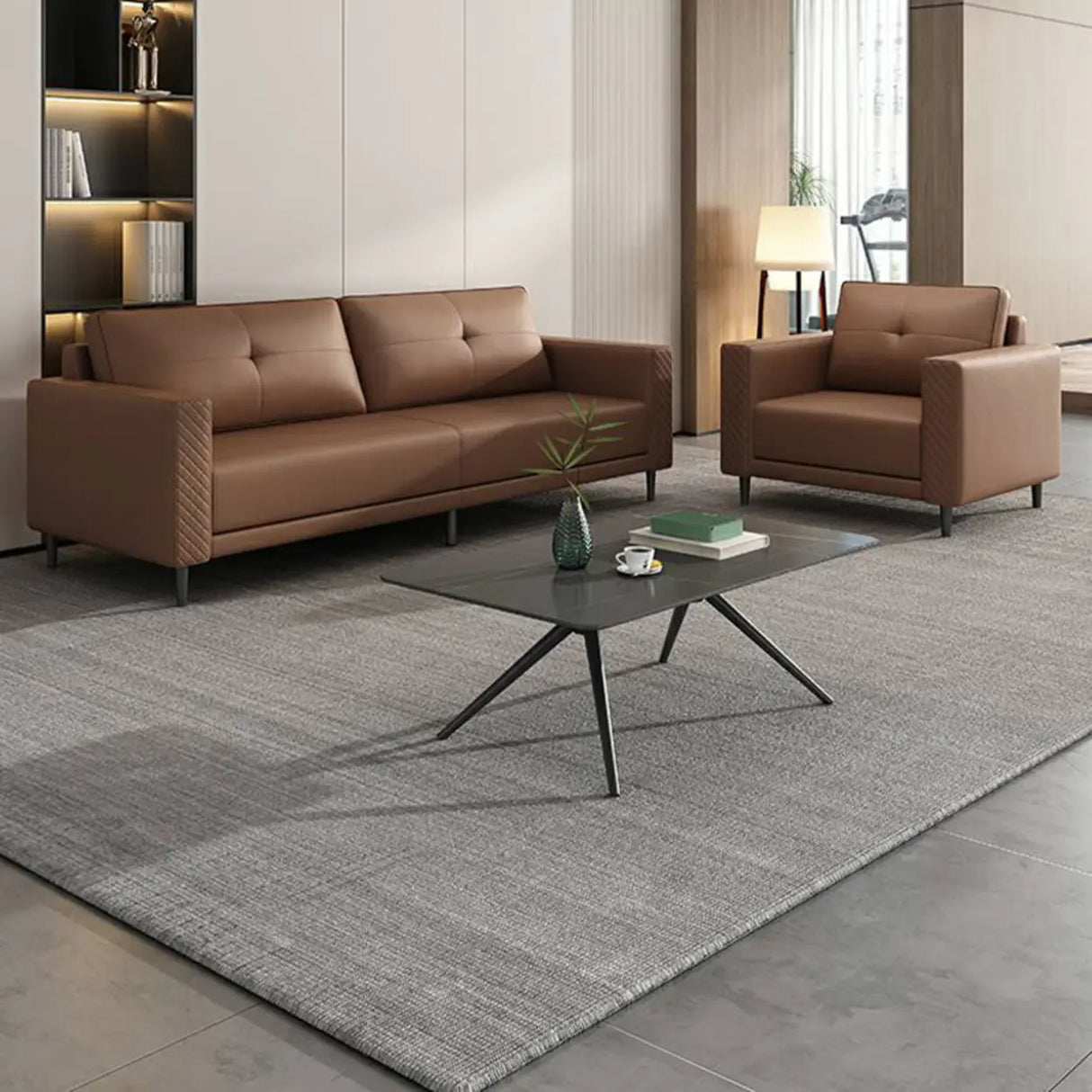 Brown Scratch Resistant Leather Reception Sofa with Arm Image - 6