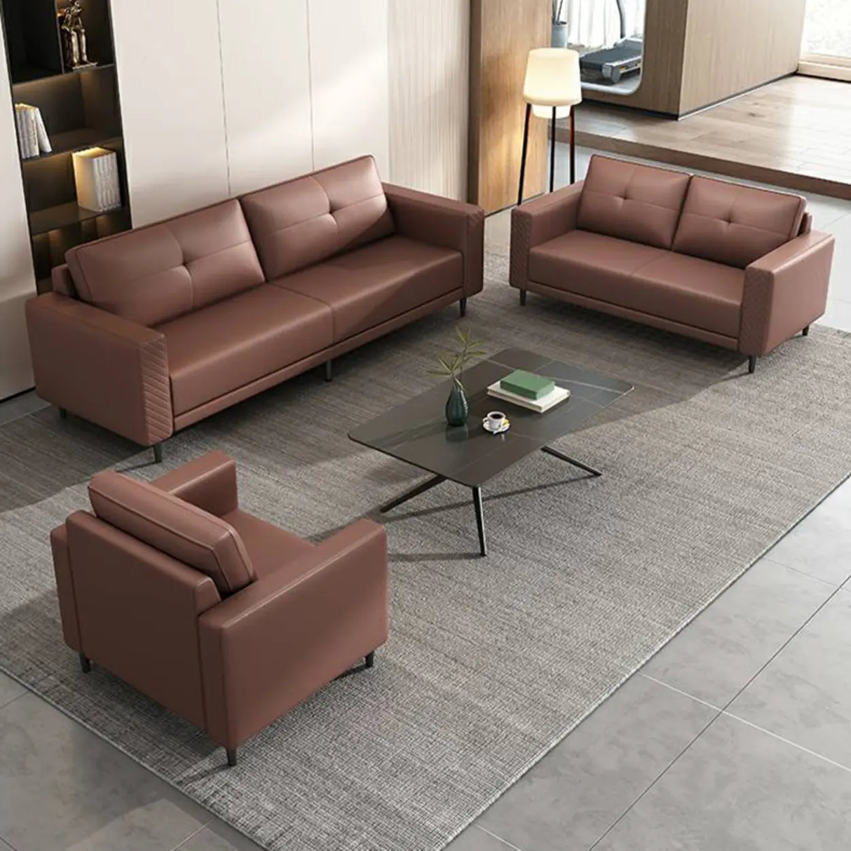 Brown Scratch Resistant Leather Reception Sofa with Arm Image - 7