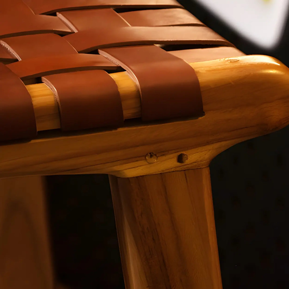 Brown Square Woven Leather Wood Frame Bar Stool Image - 11
