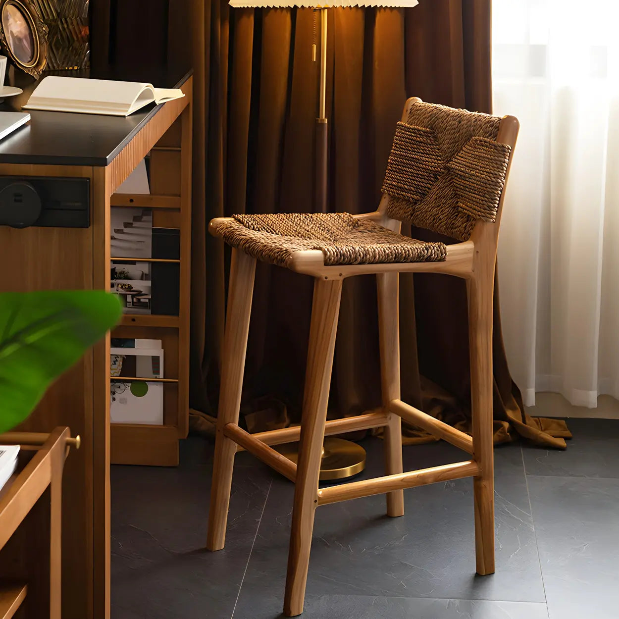 Brown Square Woven Leather Wood Frame Bar Stool Image - 13