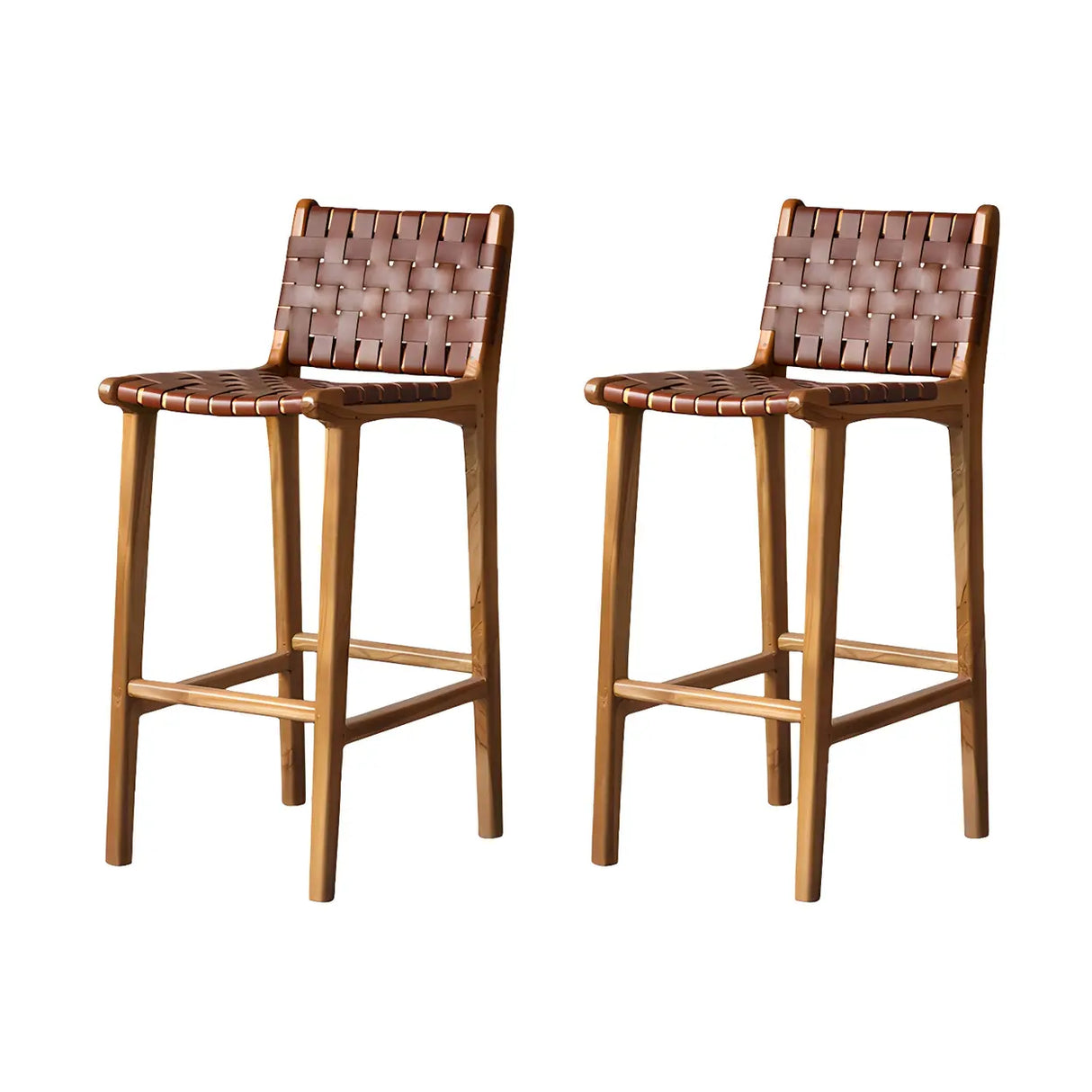 Brown Square Woven Leather Wood Frame Bar Stool Image - 13