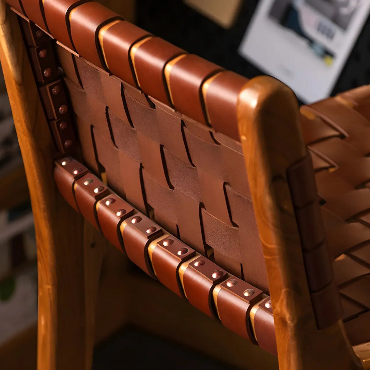 Brown Square Woven Leather Wood Frame Bar Stool Image - 15