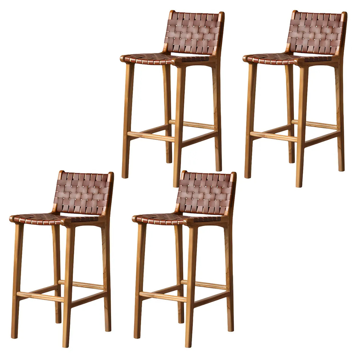 Brown Square Woven Leather Wood Frame Bar Stool Image - 16