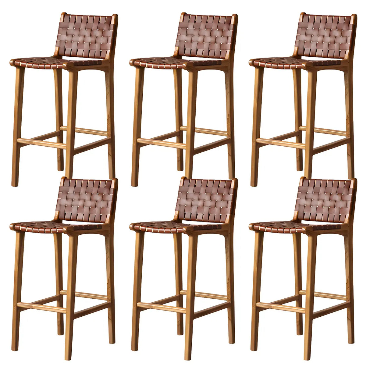 Brown Square Woven Leather Wood Frame Bar Stool Image - 17