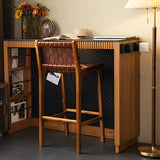 Brown Square Woven Leather Wood Frame Bar Stool Image - 19