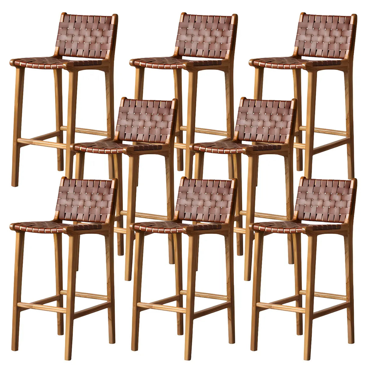 Brown Square Woven Leather Wood Frame Bar Stool Image - 20