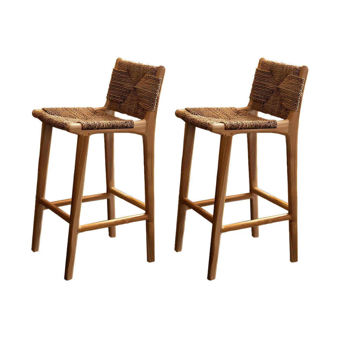 Brown Square Woven Leather Wood Frame Bar Stool Image - 22