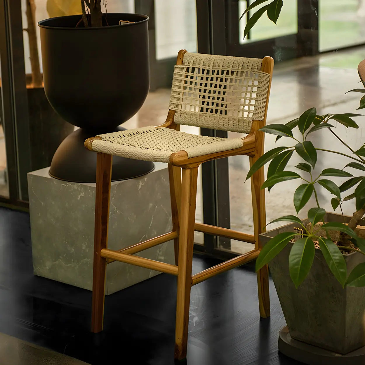 Brown Square Woven Leather Wood Frame Bar Stool Image - 2