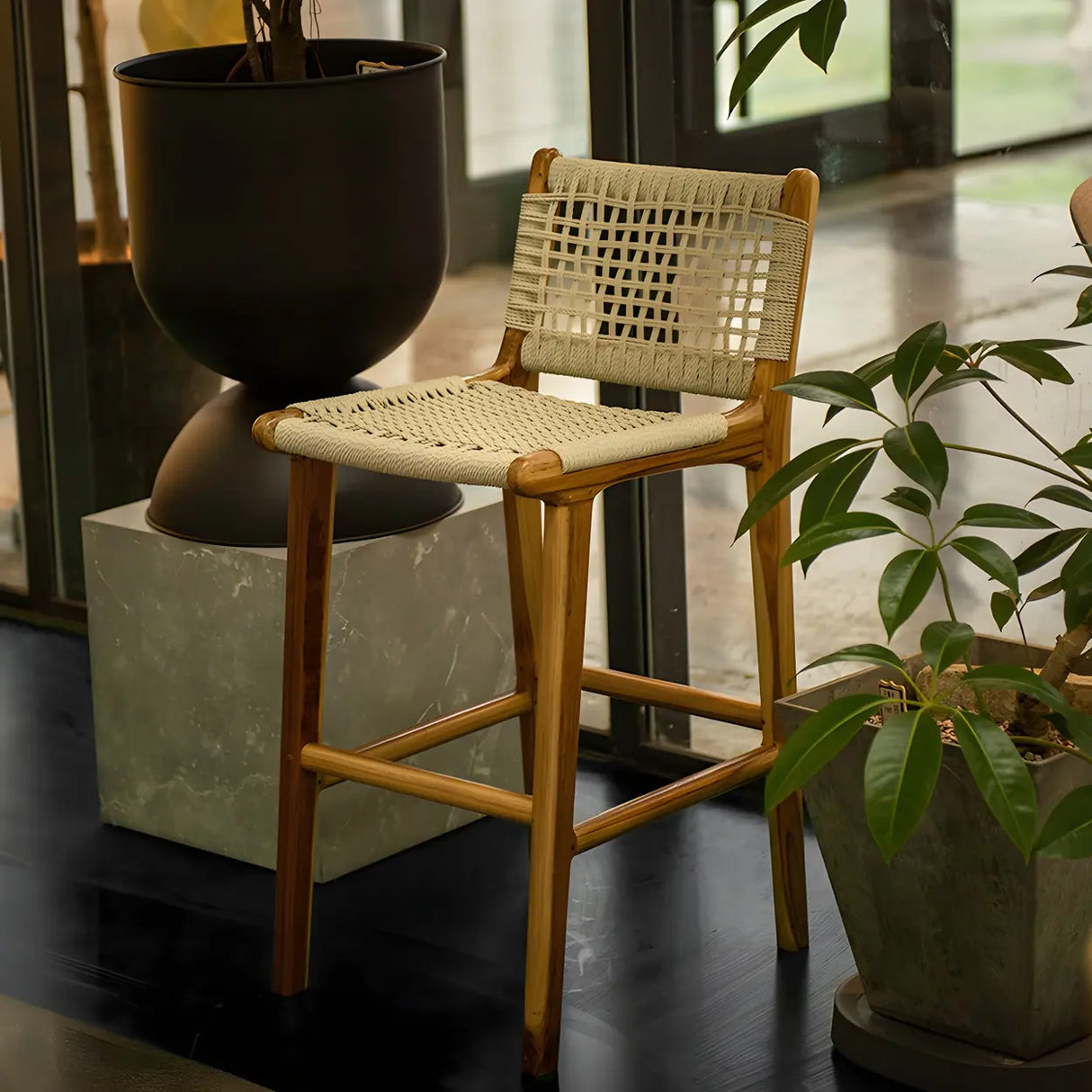 Brown Square Woven Leather Wood Frame Bar Stool Image - 2