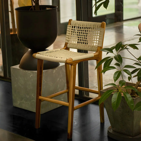 Brown Square Woven Leather Wood Frame Bar Stool Image - 2