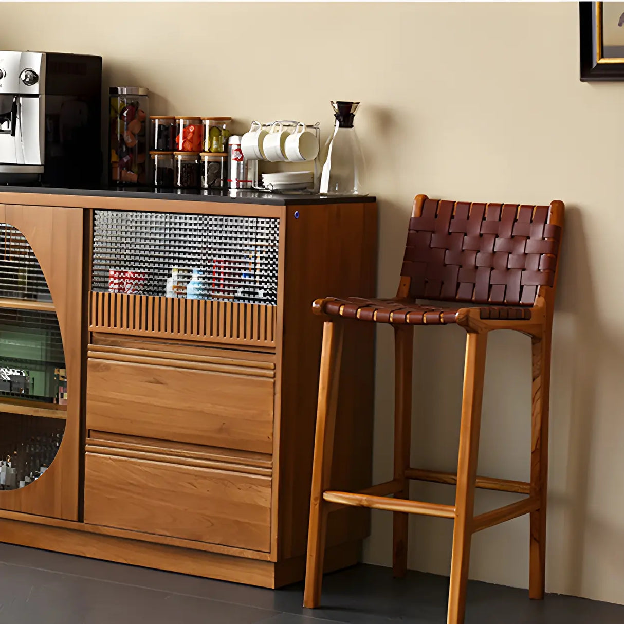 Brown Square Woven Leather Wood Frame Bar Stool Image - 3