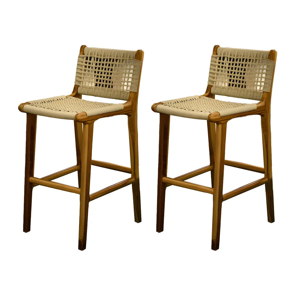 Brown Square Woven Leather Wood Frame Bar Stool Image - 4