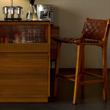 Brown Square Woven Leather Wood Frame Bar Stool Image - 5