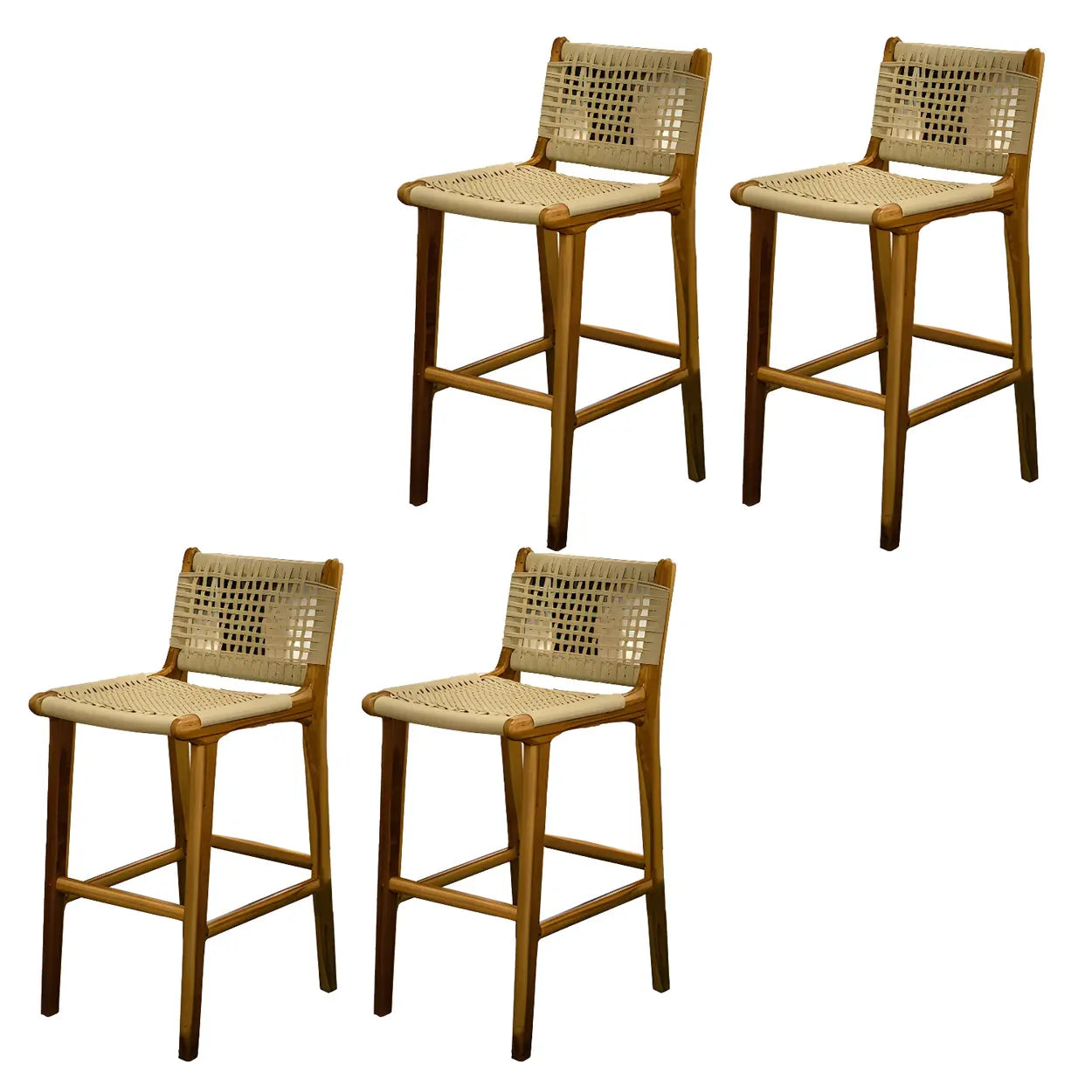 Brown Square Woven Leather Wood Frame Bar Stool Image - 5