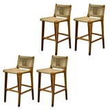 Brown Square Woven Leather Wood Frame Bar Stool Image - 5