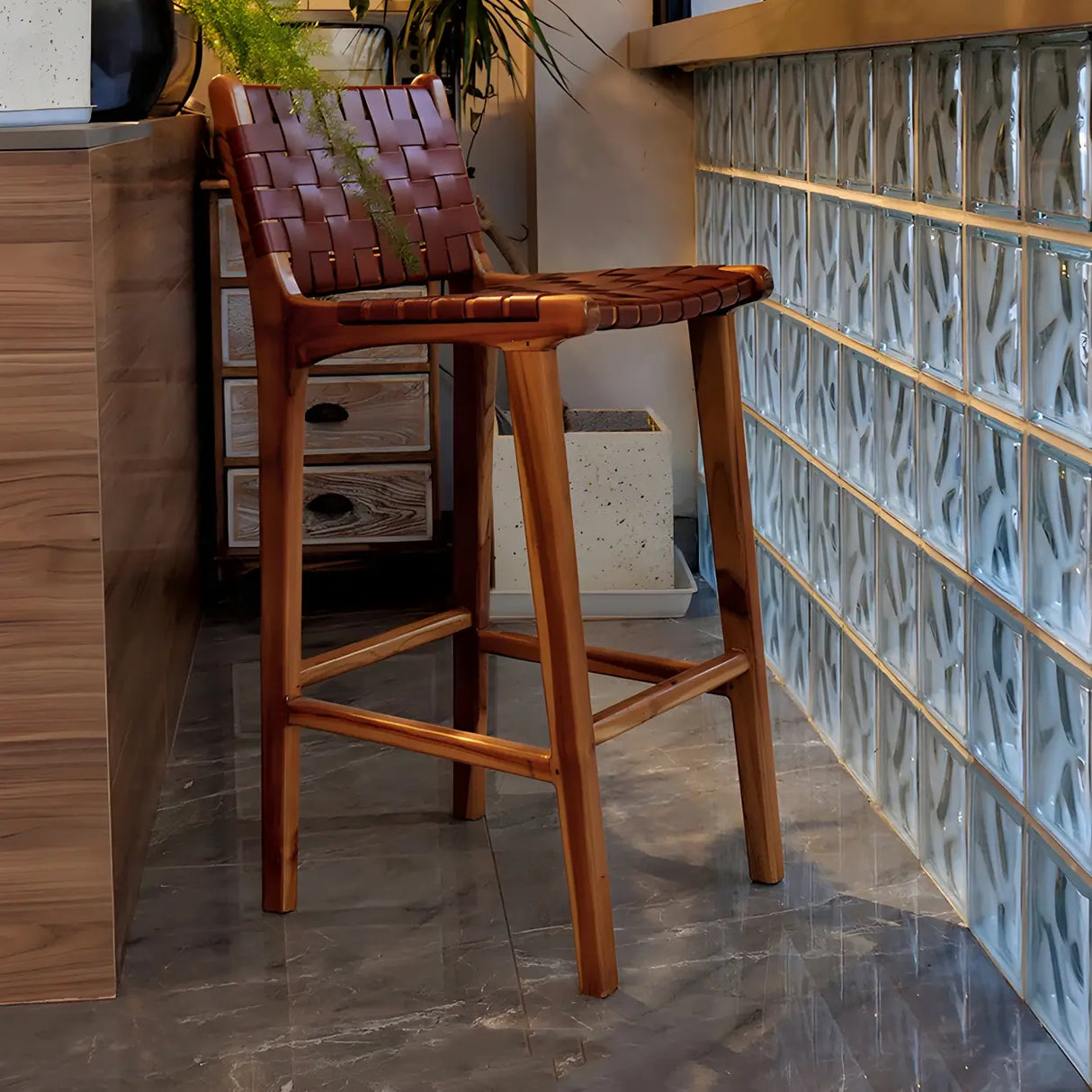 Brown Square Woven Leather Wood Frame Bar Stool Image - 6