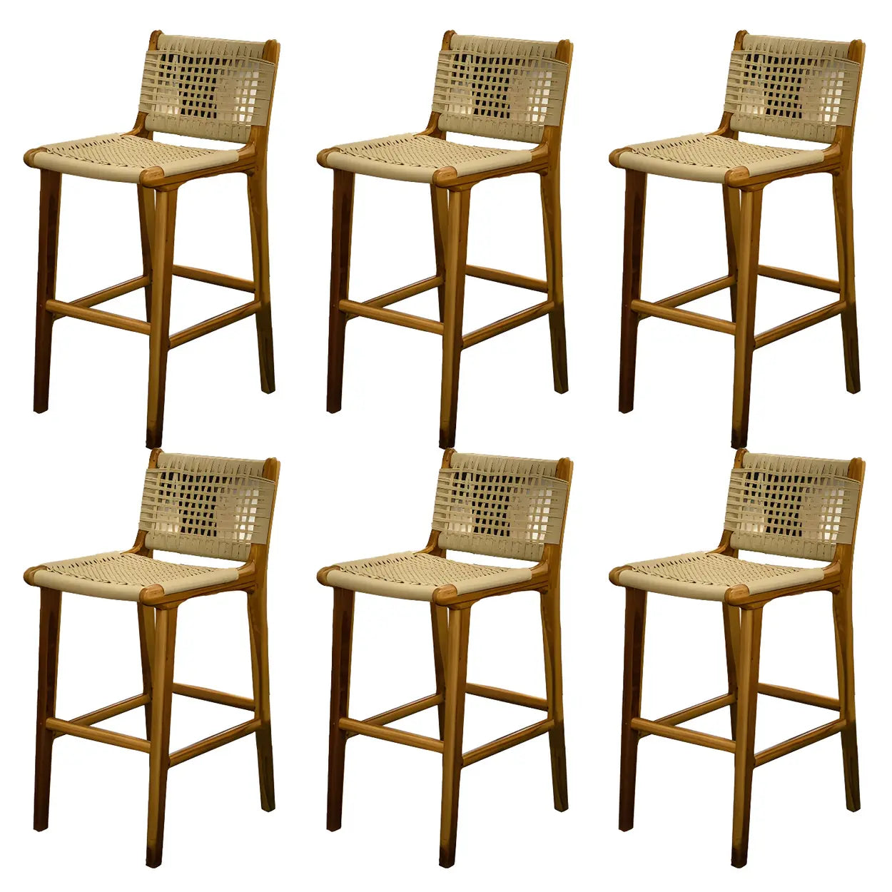 Brown Square Woven Leather Wood Frame Bar Stool Image - 8