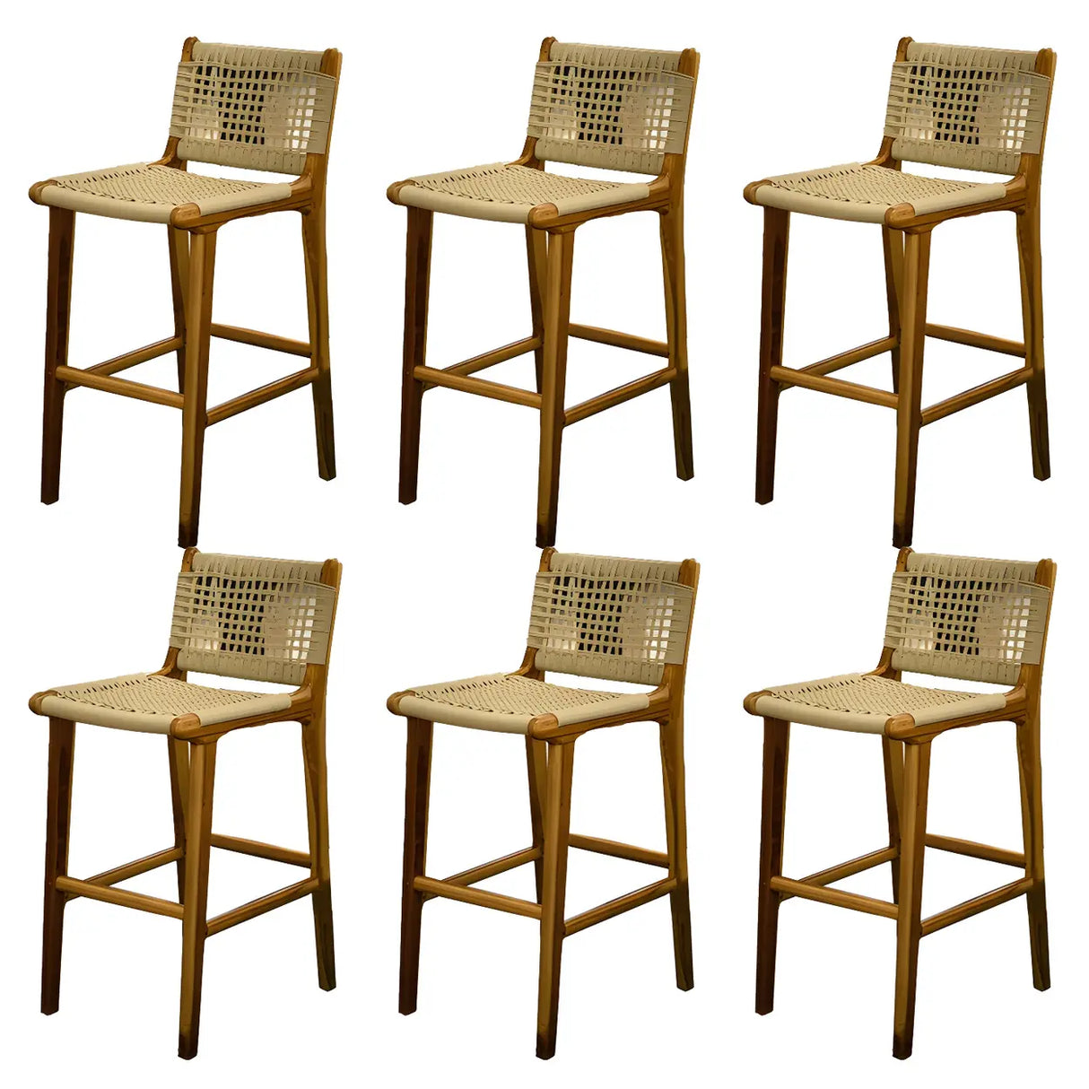 Brown Square Woven Leather Wood Frame Bar Stool Image - 8