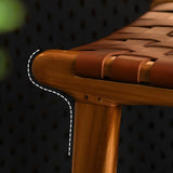Brown Square Woven Leather Wood Frame Bar Stool Image - 9