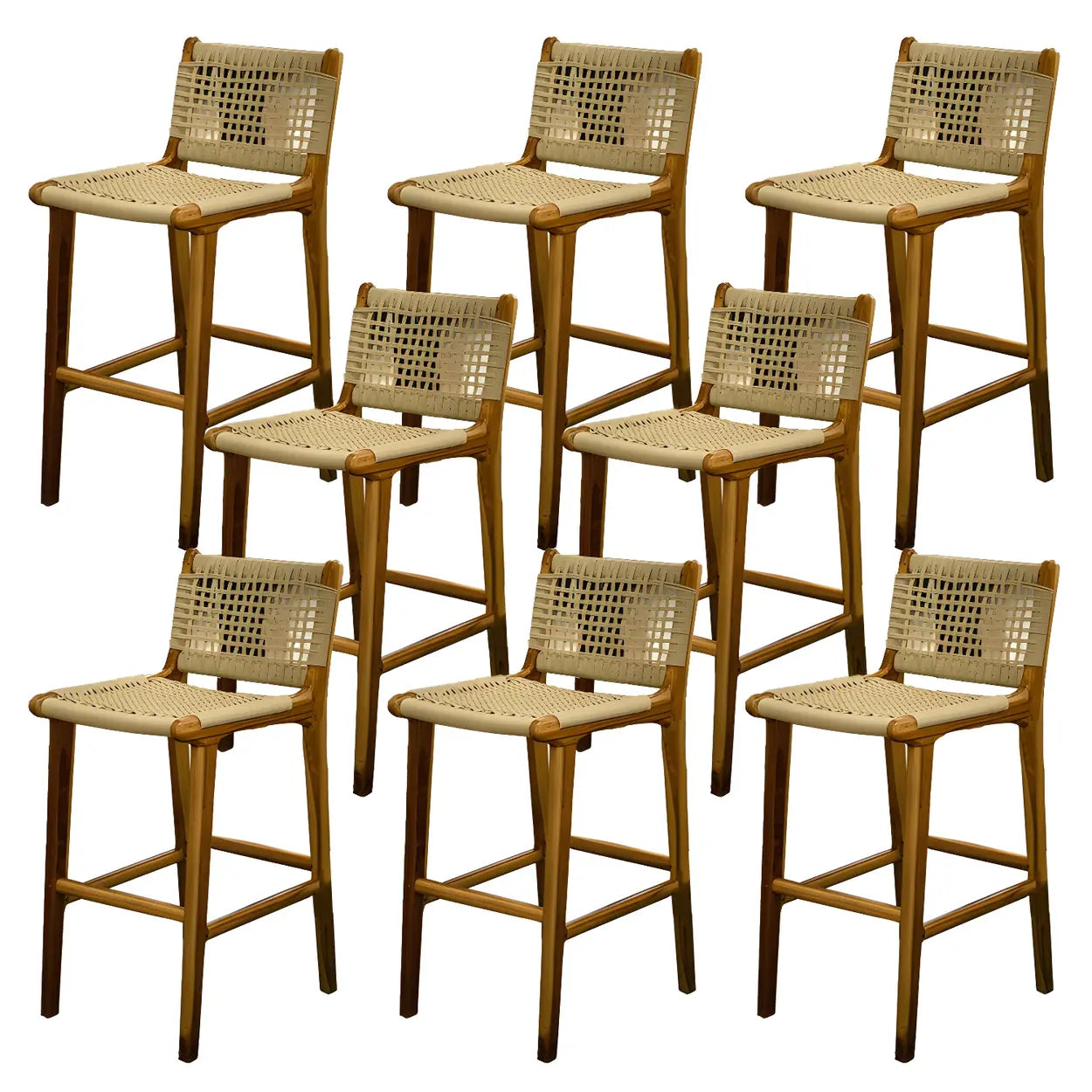 Brown Square Woven Leather Wood Frame Bar Stool Image - 9
