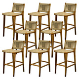 Brown Square Woven Leather Wood Frame Bar Stool Image - 9