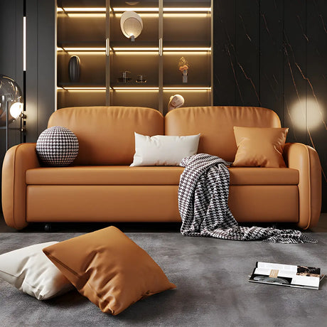 Brown Stain Resistant Faux Leather Pillow Back Sofa Bed Image - 1
