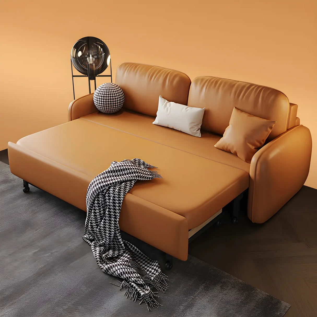 Brown Stain Resistant Faux Leather Pillow Back Sofa Bed Image - 12