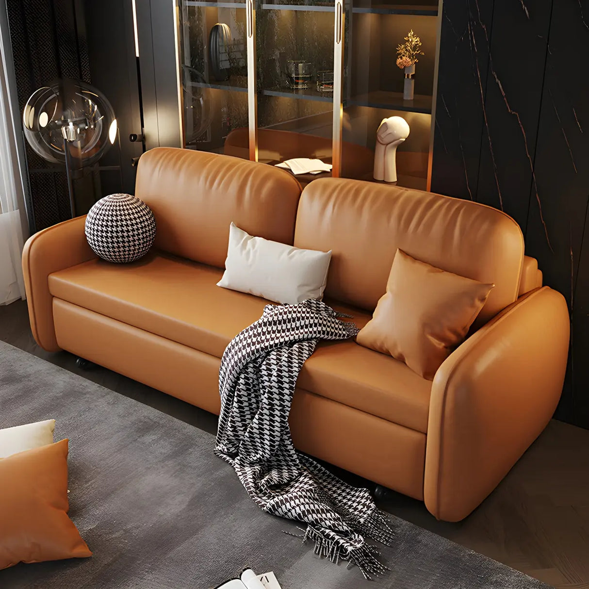 Brown Stain Resistant Faux Leather Pillow Back Sofa Bed Image - 2